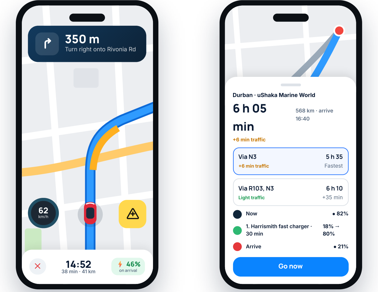 EV Route Planning app: turn-by-turn navigation and a trip plan with a charging stop